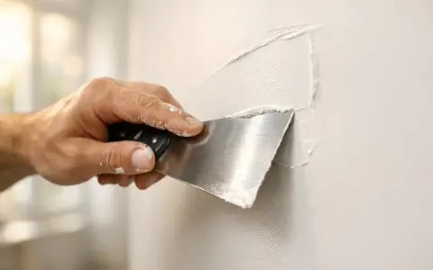 Hand med spackelspade som jämna ut spackel på en vägg. Det är en fin textur på spacklet som inte torkat än.