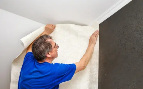 Hombre colocando papel tapiz texturizado, un paso para insonorizar habitación y mejorar la acústica.
