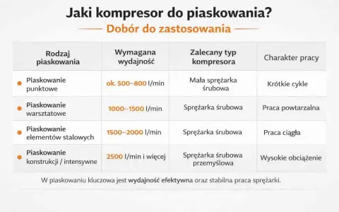 Tabela porównuje rodzaje piaskowania z wymaganą wydajnością i typem sprężarki. Dowiedz się, jaka sprężarka co to za urządzenie, jest najlepsza do Twoich potrzeb.