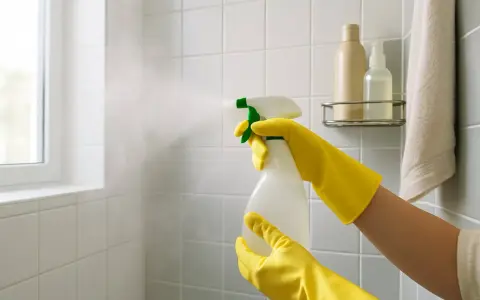 Yellow-gloved hands spray cleaner onto white tile, demonstrating how to clean a tile shower.