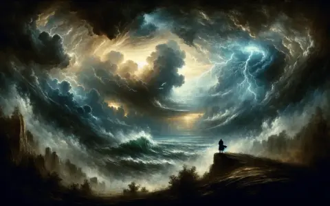 Un uomo osserva un mare in tempesta, fulmini squarciano il cielo. Un'immagine che evoca il **significato** di **Sturm und Drang**: passione, ribellione e la forza della natura.
