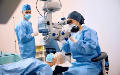Chirurghi in sala operatoria, uno esegue una vitrectomia non riuscita con un microscopio, mentre un altro assiste.