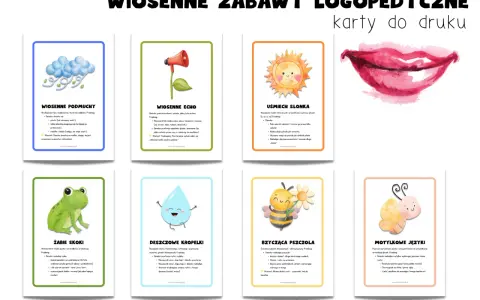 Wiosenne zabawy logopedyczne dla dzieci: karty z ćwiczeniami na oddech, artykulację i słuch.