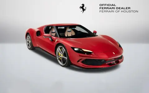 Czerwone Ferrari 296 GTB z beżowym wnętrzem, zaparkowane na białym tle. Obok logo Ferrari i napis "Official Ferrari Dealer Ferrari of Houston".