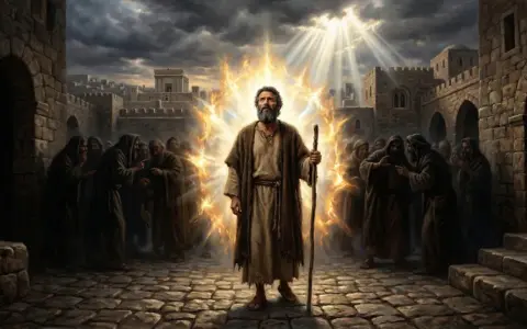 Mężczyzna w płomieniach, z laską w dłoni, otoczony ludźmi w kapturach. Światło przebija się przez chmury, jak w psalm 20.