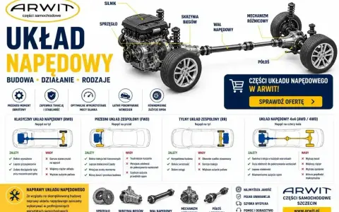 Schemat układu napędowego z silnikiem, skrzynią biegów i wałem napędowym. Pokazuje różne typy napędu: na tył, przód, tył i 4x4.