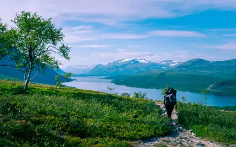 Vandra i Norrland med storslagen utsikt över sjö och snöklädda berg. En ensam vandrare med ryggsäck går på en stenstig.