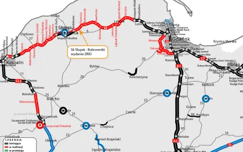 Mapa drogowa z zaznaczoną trasą S6 Słupsk - Bobrowniki, w realizacji.