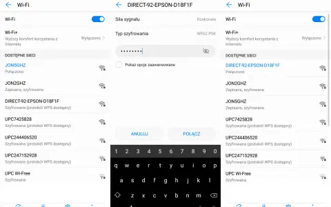 Ekran telefonu z listą dostępnych sieci Wi-Fi i klawiaturą ekranową.