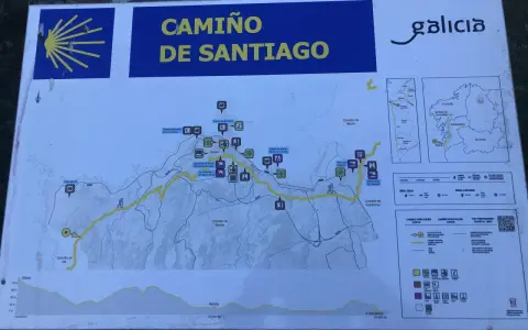 Mapa del Camino de Santiago en Galicia, mostrando la ruta costera y puntos de interés como la guarda Baiona.