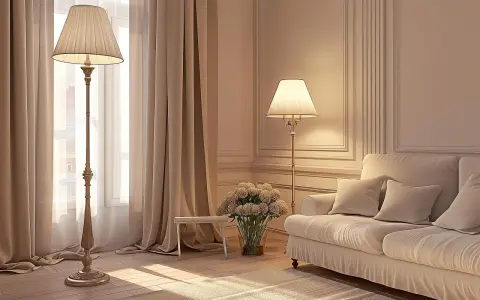 Elegancka lampa podłogowa niebieska, stojąca obok okna, tworzy przytulną atmosferę w salonie.