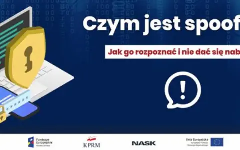Ilustracja przedstawia laptopa z tarczą i kluczem, symbolizując bezpieczeństwo. Obok znajduje się smartfon z hasłem i kłódką, nawiązując do zagrożeń, takich jak ip spoofing.