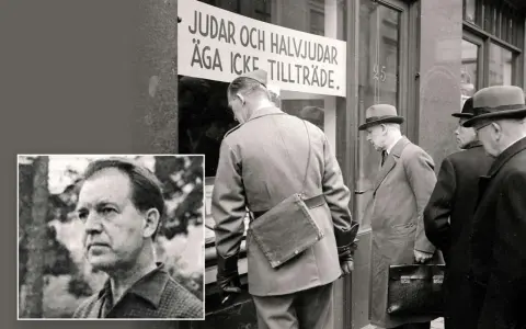 Einar Åberg, en man med ett allvarligt ansikte, i en collage med en bild av en skylt som säger "Judar och halvjudar äga icke tillträde.