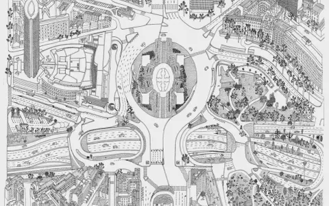 Un croquis de Paris, vu du ciel, avec un rond-point central, des immeubles, des routes sinueuses et un parc verdoyant.