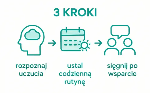 Grafika przedstawia 3 kroki: rozpoznaj uczucia, ustal codzienną rutynę, sięgnij po wsparcie.