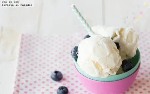 Delicioso helado de yogur casero con arándanos frescos, servido en un cuenco colorido. ¡Un postre perfecto para refrescarse!