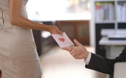 En kvinna ger en kollega ett kort med ett hjärta. Kanske börjar det med ett kort, men det kan leda till sex med kollega.