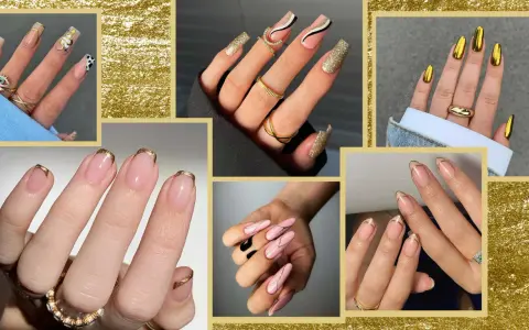 Manicure con unghie metallizzate oro, glitter e design geometrici. Un tocco di lusso per le tue mani.