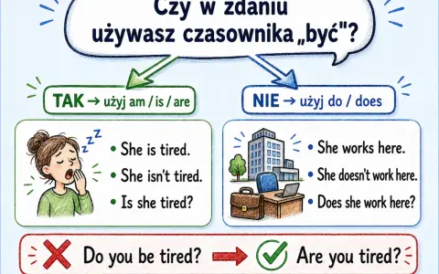 Uczymy się, kiedy używać czasownika "być" (am, is, are) i kiedy "do/does". Przykład: "She is tired" vs "She works here".