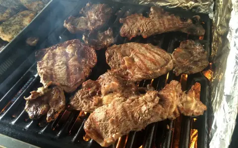 Soczyste kawałki mięsa grillują się na ruszcie, tworząc idealne **churrasco**. Dym unosi się, zapowiadając ucztę.
