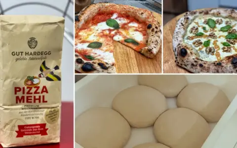 GUT HARDEGG PIZZA MEHL: Die Zutaten für den perfekten Pizzateig. Hier siehst du das Mehl, fertige Pizzen und Teiglinge.