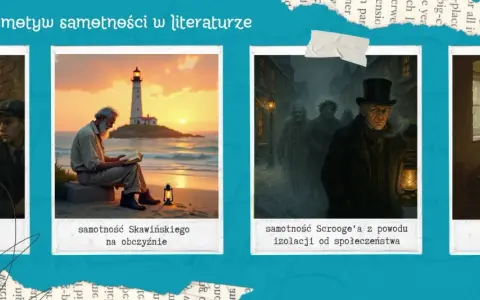 Cztery obrazy: trzej młodzi mężczyźni, starszy mężczyzna czytający książkę przy latarni, postacie w mglistym mieście, pokój z łóżeczkiem i książką.
