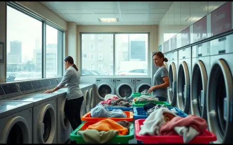 Donne in una lavanderia a gettoni, una legge le istruzioni lavatrice, l'altra prepara il bucato.