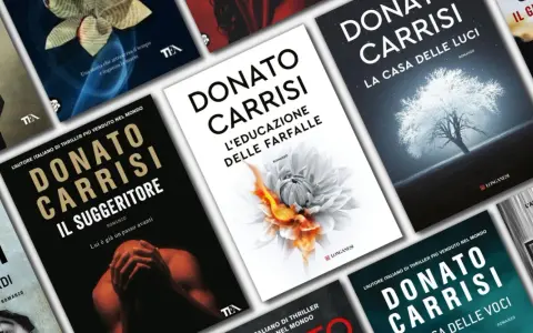 Copertine di libri di Donato Carrisi, tra cui "Il suggeritore", "L'educazione delle farfalle" e "La casa delle luci".