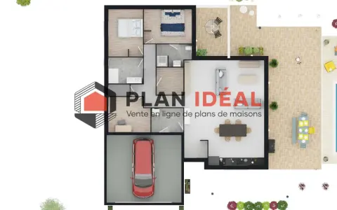 Plan maison plain pied 3 chambres avec suite parentale, garage, terrasse et piscine.