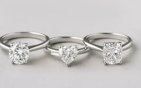 Tre anelli con diamanti: uno a taglio rotondo, uno a cuore con un piccolo baguette ai lati, e uno a taglio cuscino. Il baguette significato è eleganza.