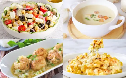 Cuatro platos de comida: ensalada de garbanzos, sopa cremosa, albóndigas y macarrones con queso.