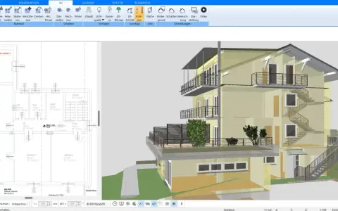 Ein 3D-Modell eines Hauses mit verschiedenen Giebel-Arten, Balkonen und Außentreppen. Der Grundriss ist links sichtbar.