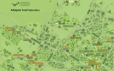 Mapa kampusu Uniwersytetu Przyrodniczego w Poznaniu z zaznaczonymi budynkami i ulicami.