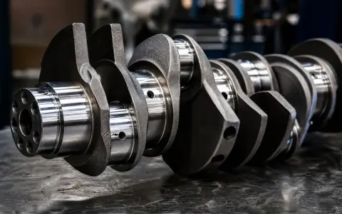 Precyzyjna budowa wału korbowego, kluczowego elementu silnika, ukazana na metalicznej powierzchni.