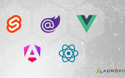 Logos von Svelte, Blazor, Vue, Angular und React – die Werkzeuge für modernes frontend design.