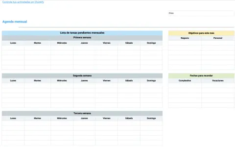 Agenda mensual con listas de tareas, objetivos y fechas para recordar. Un calendario para agendar citas gratis y organizar tu mes.
