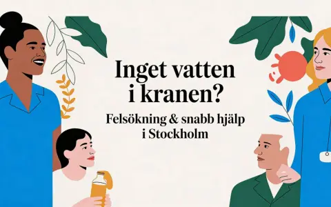 Ingen varmvatten i kranen? Felsökning och snabb hjälp i Stockholm. Illustration med människor och växter.