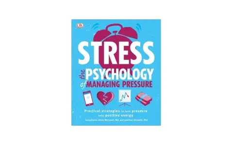 Okładka książki "The Psychology of Managing Pressure" z hasłem "STRESS". Obraz przedstawia dzwonek budzika, złamane serce, wykres i pieniądze, sugerując tematykę radzenia sobie ze stresem.