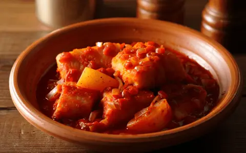 Bacalao a la vizcaina en cazuela de barro, con trozos de pimiento y cebolla en una salsa roja.