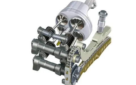 Mechanizm rozrządu silnika z tłokiem, zaworami i łańcuchem napędowym. Kluczowy element do precyzyjnej regulacji zaworów.