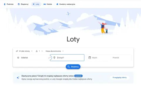 Wyszukiwarki tanich lotów Google. Wpisz skąd i dokąd chcesz lecieć, by znaleźć najlepsze oferty.