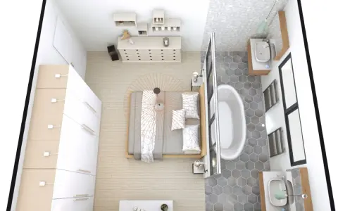 Plan d'une suite parentale : chambre avec lit, dressing et salle de bain attenante avec baignoire et double vasque.