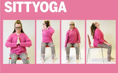 Sittande yogaövningar för att slappna av. En kvinna visar olika positioner för att stretcha och stärka kroppen.