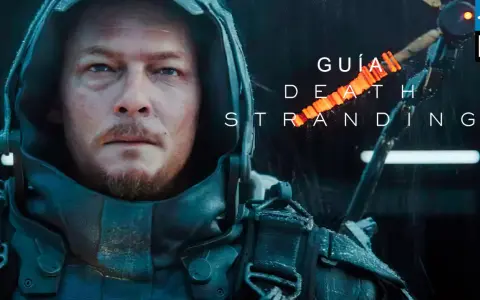 Primer plano de Sam Porter Bridges, protagonista de Death Stranding, con el título del juego y la guía en texto.