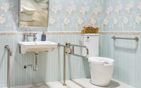 Salle de bain senior : lavabo suspendu, WC avec barre d'appui rabattable et barre d'appui murale pour plus de sécurité.