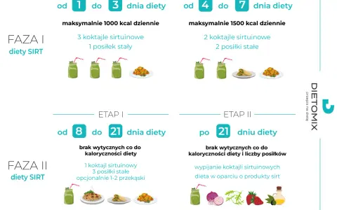 Dieta sirtfood w fazie I i II: etapy, kalorie, posiłki i koktajle. Od 1 do 7 dnia diety, potem od 8 do 21 dnia diety.
