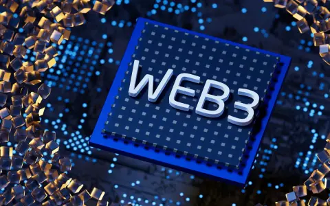 Centralny procesor z napisem WEB3, otoczony przez świecące kostki i punkty, symbolizujące przyszłość internetu.