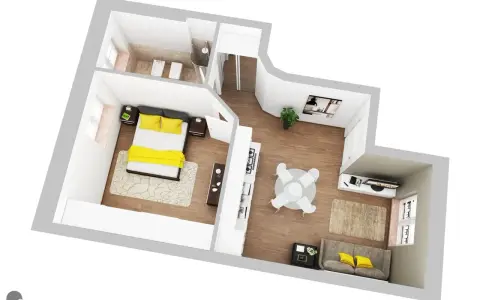 Progetto casa 40 mq rettangolare: camera da letto, bagno, cucina a vista, zona pranzo e soggiorno con divano e TV.