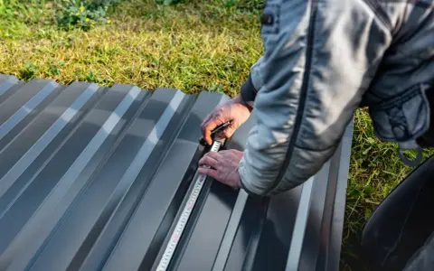 Un ouvrier mesure une tôle de bac acier pour un toit plat.