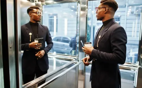 Elegancki outfit na 18 męski: czarny golf, granatowa marynarka z broszką, okulary. Mężczyzna trzyma kawę i telefon.